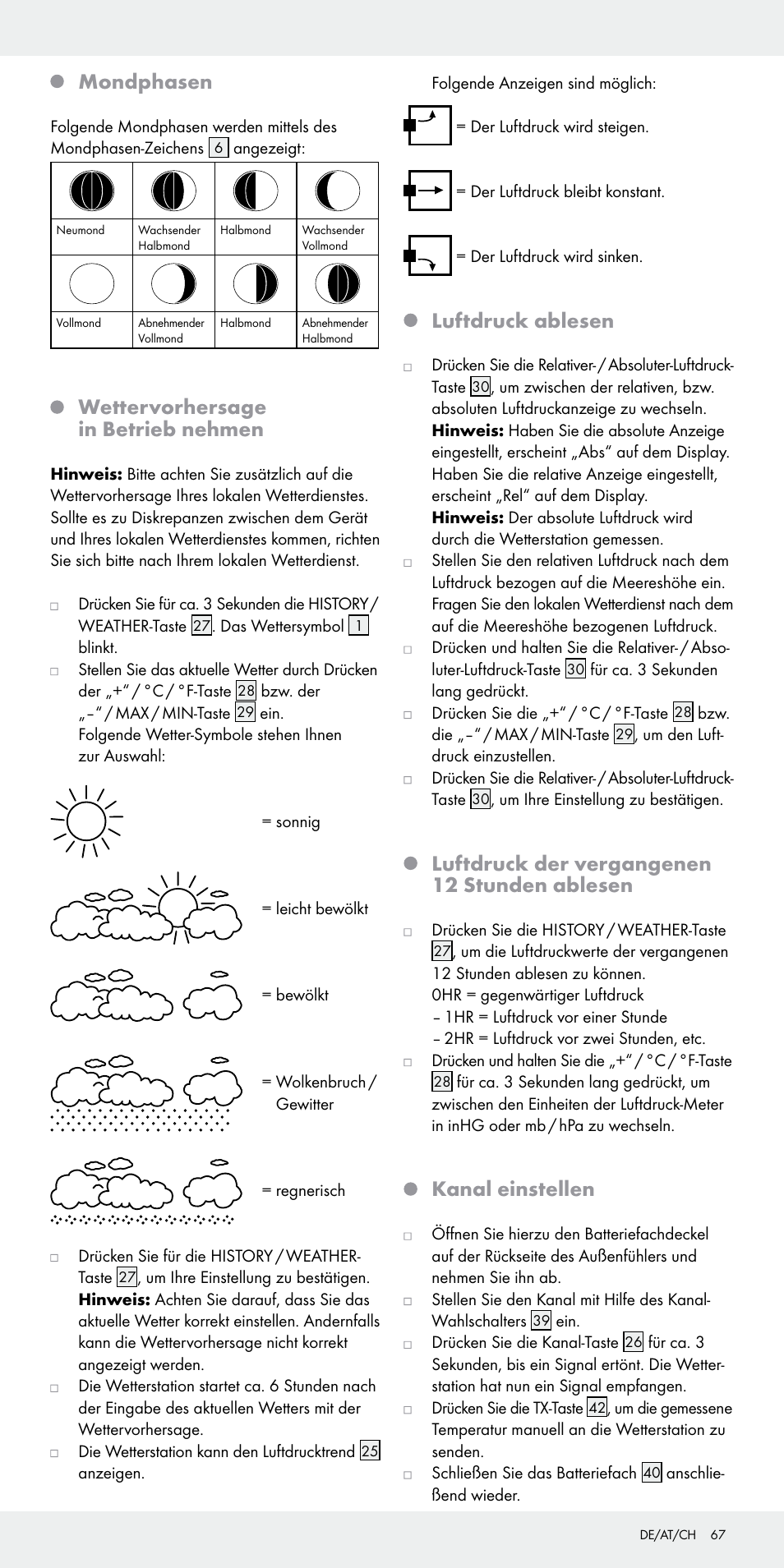 Mondphasen, Wettervorhersage in betrieb nehmen, Luftdruck ablesen | Luftdruck der vergangenen 12 stunden ablesen, Kanal einstellen | Auriol Z31092 User Manual | Page 67 / 71