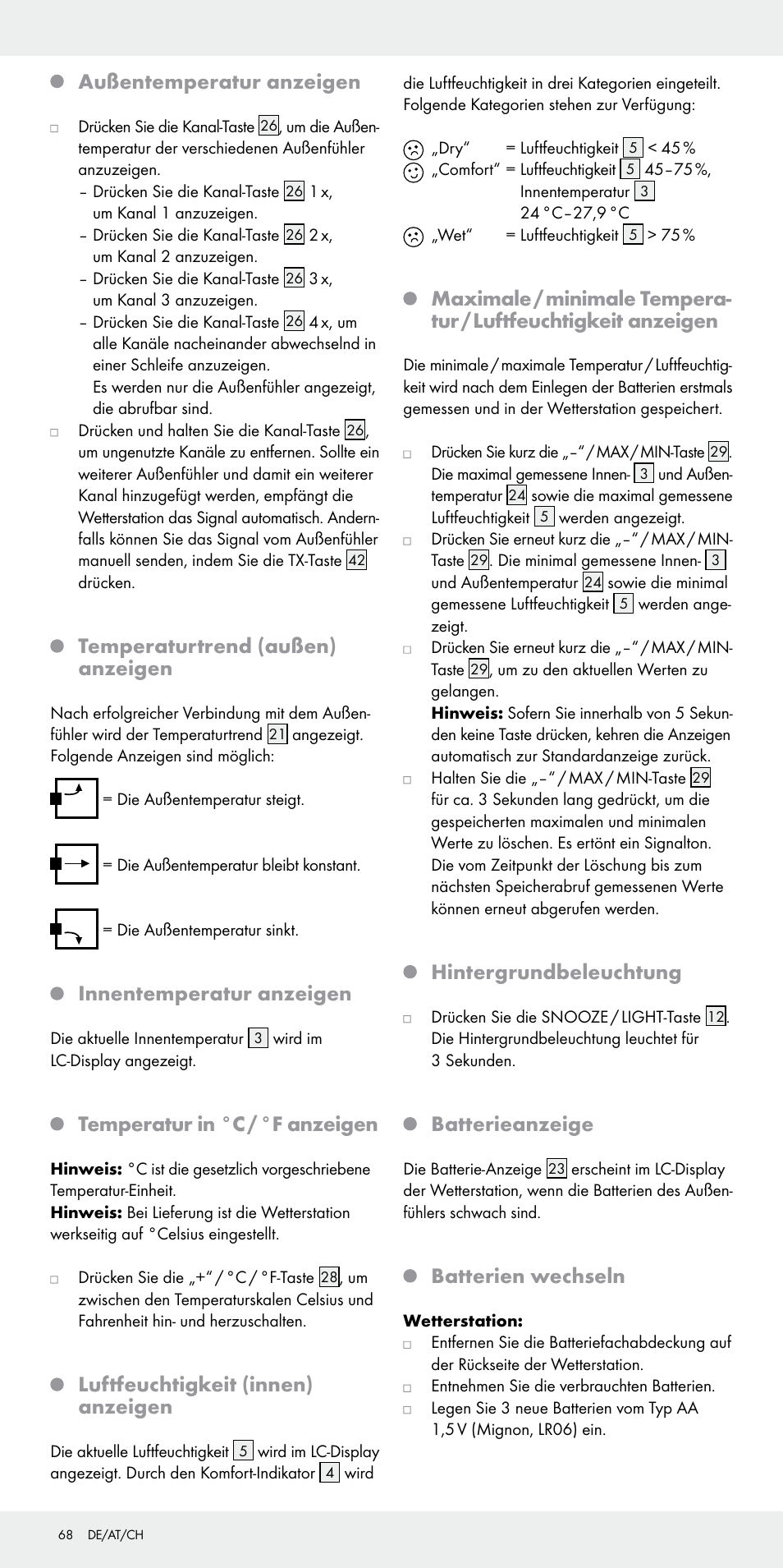 Außentemperatur anzeigen, Temperaturtrend (außen) anzeigen, Innentemperatur anzeigen | Temperatur in °c / °f anzeigen, Luftfeuchtigkeit (innen) anzeigen, Hintergrundbeleuchtung, Batterieanzeige, Batterien wechseln | Auriol Z31092 User Manual | Page 68 / 71