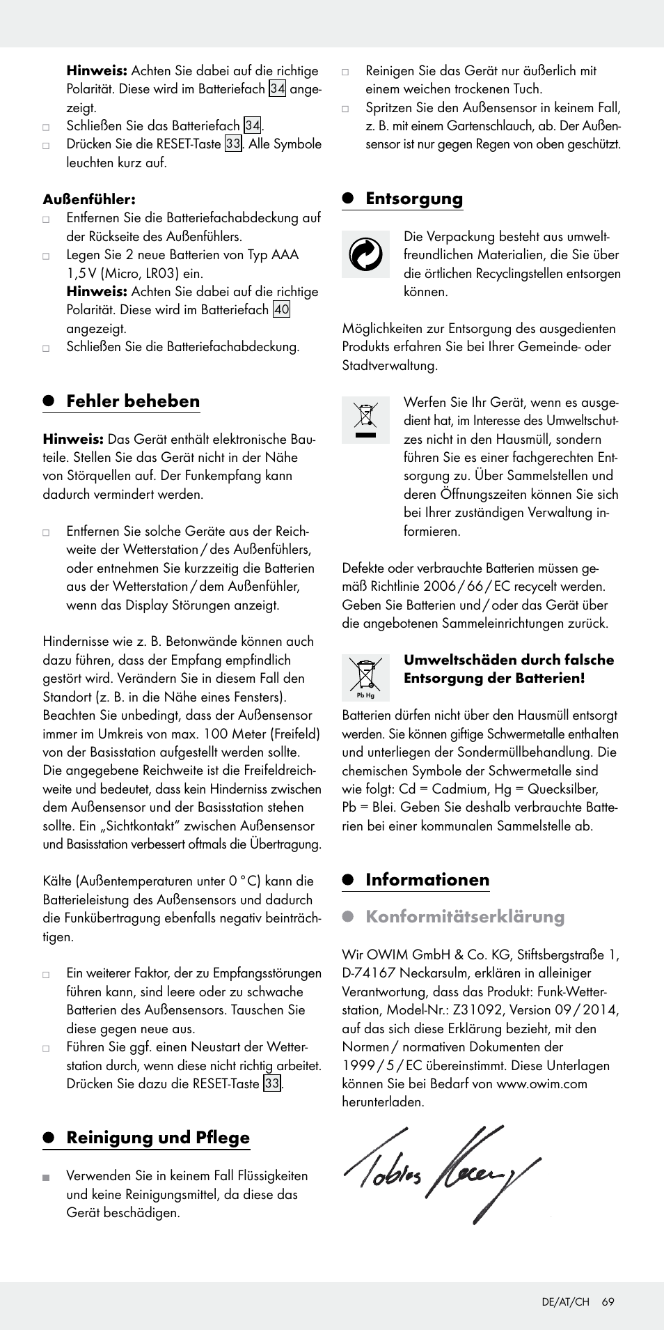 Fehler beheben, Reinigung und pflege, Entsorgung | Informationen konformitätserklärung | Auriol Z31092 User Manual | Page 69 / 71