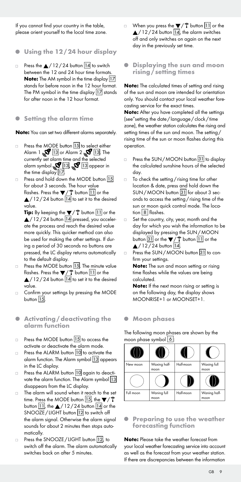 Using the 12 / 24 hour display, Setting the alarm time, Activating / deactivating the alarm function | Displaying the sun and moon rising / setting times, Moon phases, Preparing to use the weather forecasting function | Auriol Z31092 User Manual | Page 9 / 71
