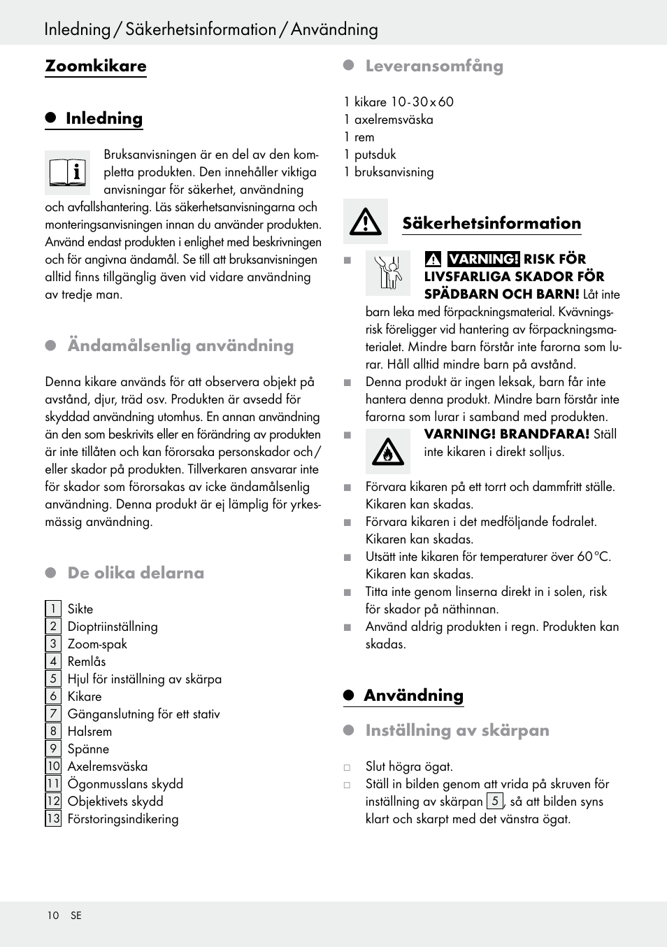 Inledning / säkerhetsinformation / användning, Zoomkikare, Inledning | Ändamålsenlig användning, De olika delarna, Leveransomfång, Säkerhetsinformation, Användning, Inställning av skärpan | Auriol Z30373 User Manual | Page 10 / 25