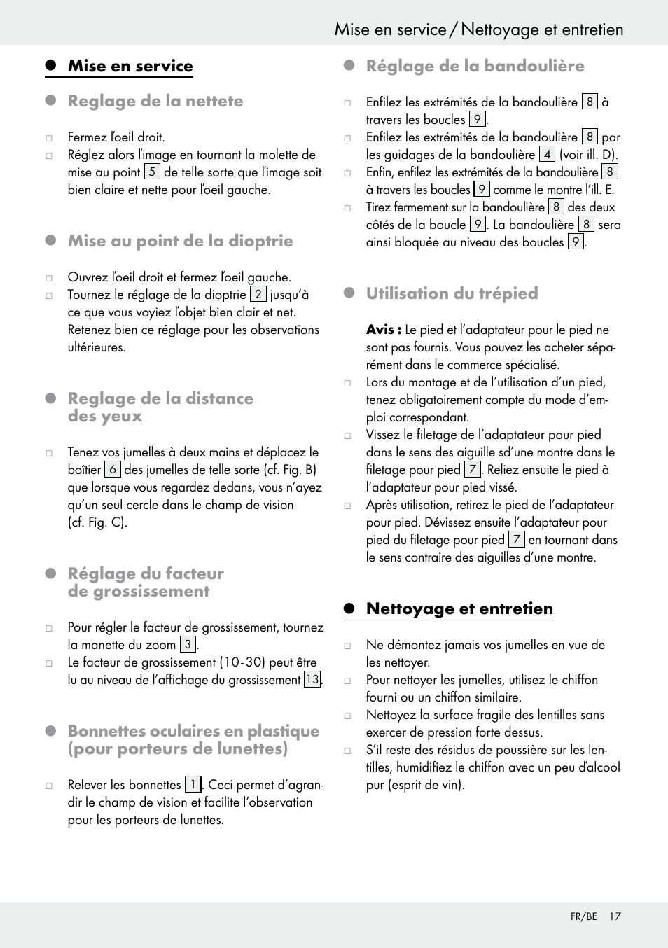 Mise en service, Reglage de la nettete, Mise au point de la dioptrie | Reglage de la distance des yeux, Réglage du facteur de grossissement, Réglage de la bandoulière, Utilisation du trépied, Nettoyage et entretien | Auriol Z30373 User Manual | Page 17 / 25