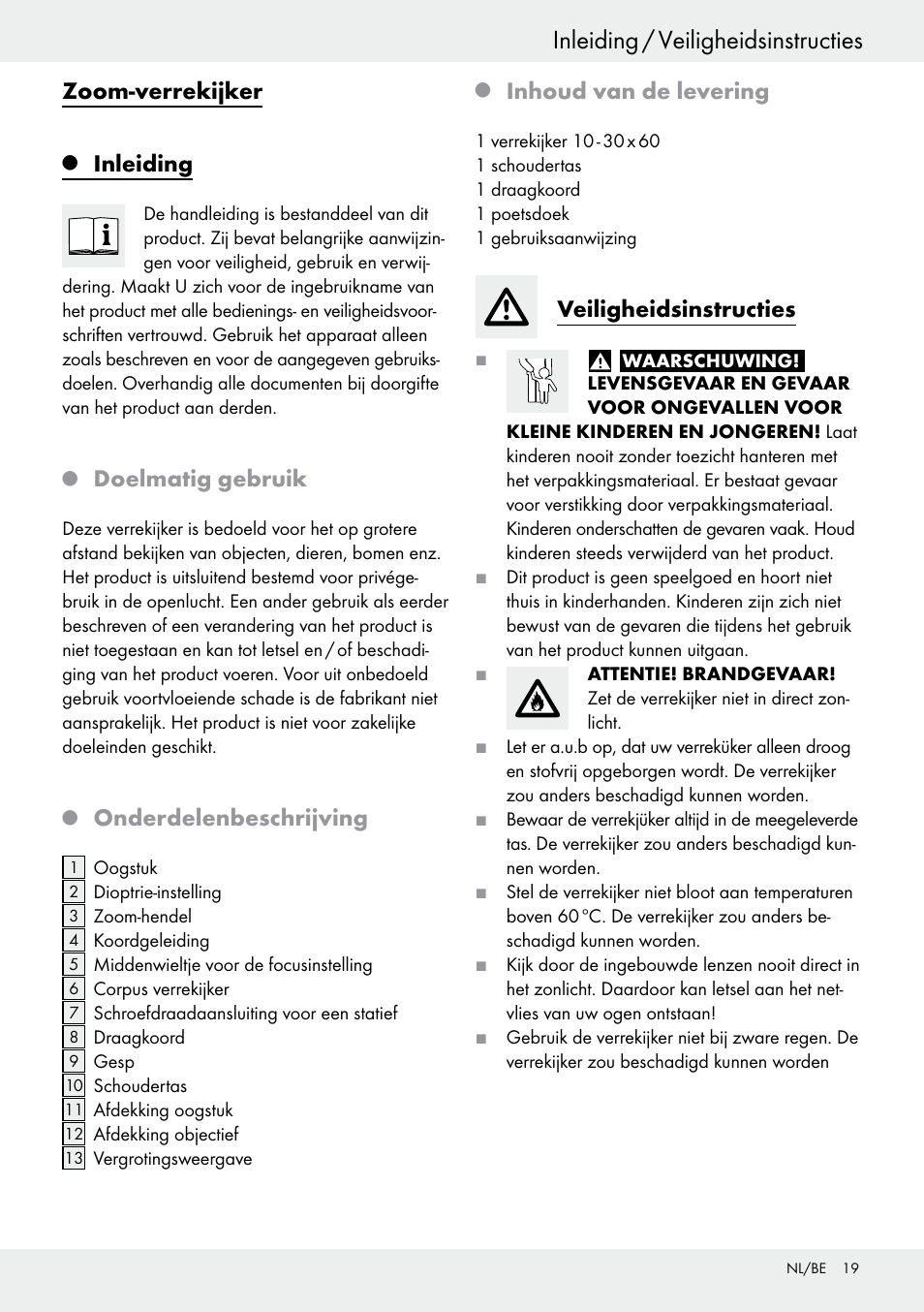 Zoom-verrekijker, Inleiding, Doelmatig gebruik | Onderdelenbeschrijving, Inhoud van de levering, Veiligheidsinstructies | Auriol Z30373 User Manual | Page 19 / 25