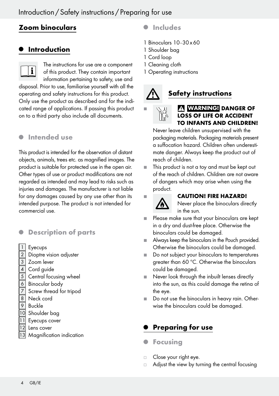 Zoom binoculars, Introduction, Intended use | Description of parts, Includes, Safety instructions, Preparing for use, Focusing | Auriol Z30373 User Manual | Page 4 / 25