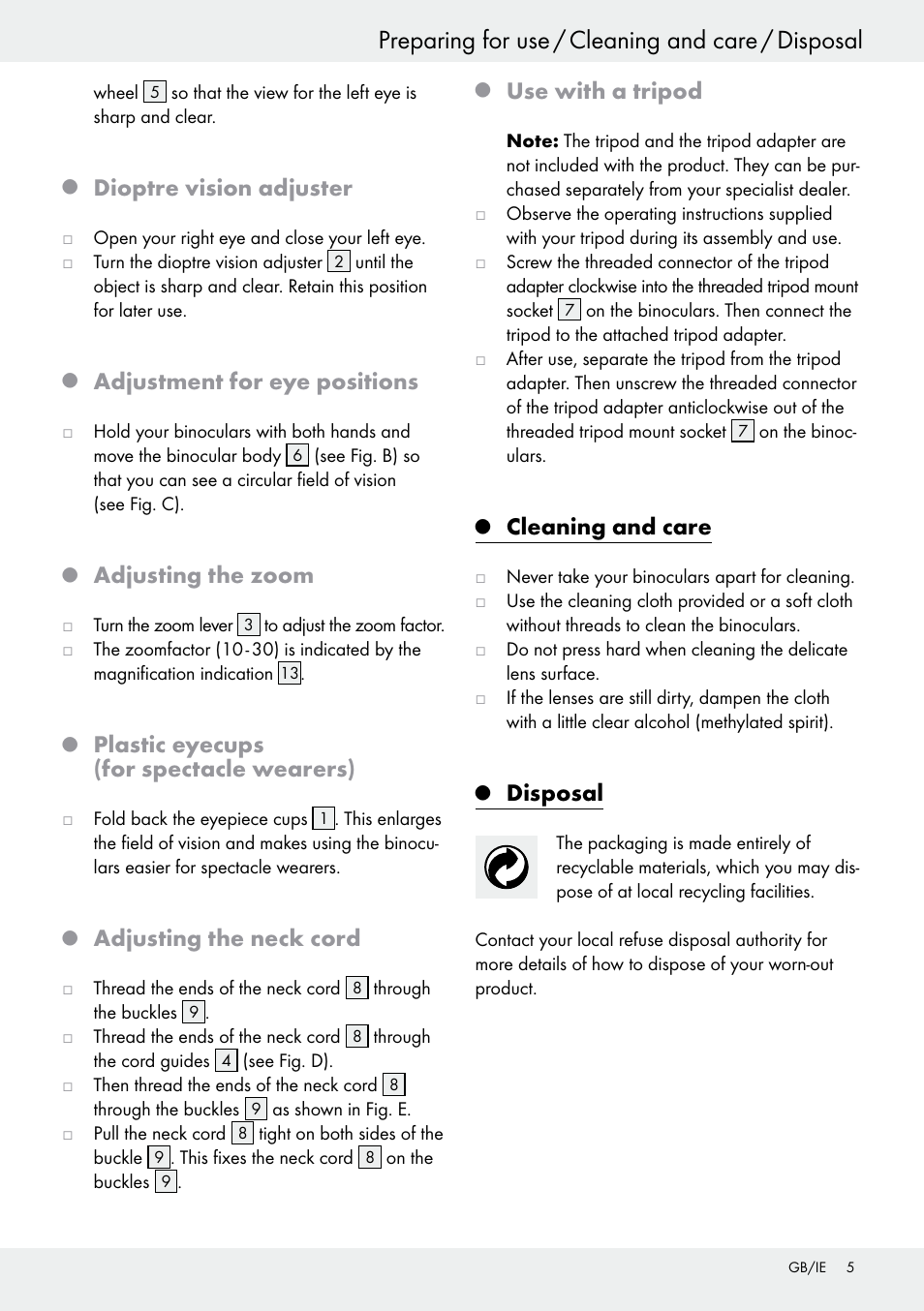 Preparing for use / cleaning and care / disposal, Dioptre vision adjuster, Adjustment for eye positions | Adjusting the zoom, Plastic eyecups (for spectacle wearers), Adjusting the neck cord, Use with a tripod, Cleaning and care, Disposal | Auriol Z30373 User Manual | Page 5 / 25