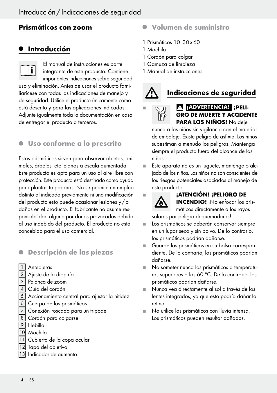 Introducción / indicaciones de seguridad, Prismáticos con zoom, Introducción | Uso conforme a lo prescrito, Descripción de las piezas, Volumen de suministro, Indicaciones de seguridad | Auriol Z30373 User Manual | Page 4 / 19