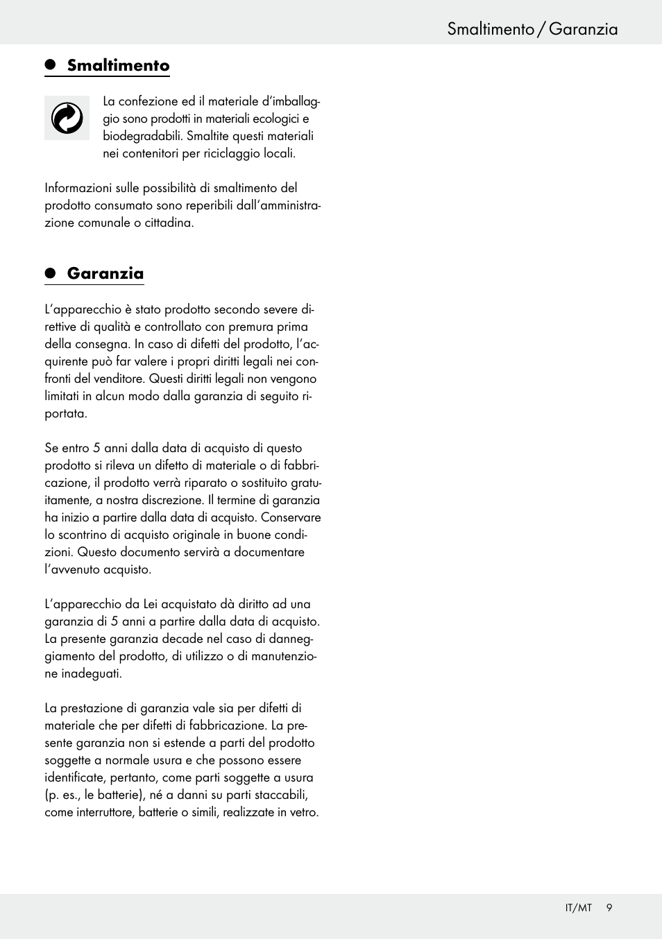 Smaltimento / garanzia, Smaltimento, Garanzia | Auriol Z30373 User Manual | Page 9 / 19