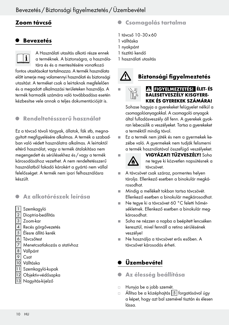 Zoom távcső, Bevezetés, Rendeltetésszerű használat | Az alkotórészek leírása, Csomagolás tartalma, Biztonsági figyelmeztetés, Üzembevétel, Az élesség beállítása | Auriol Z30373 User Manual | Page 10 / 25