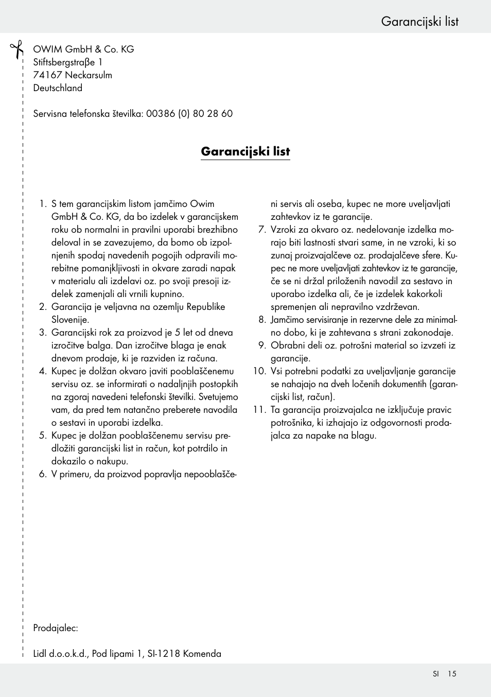 Garancijski list | Auriol Z30373 User Manual | Page 15 / 25