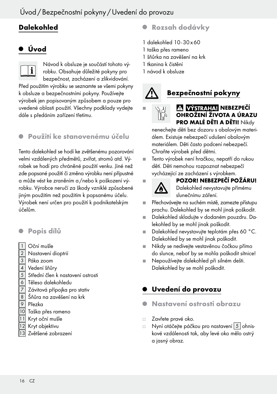 Úvod / bezpečnostní pokyny / uvedení do provozu, Dalekohled, Úvod | Použití ke stanovenému účelu, Popis dílů, Rozsah dodávky, Bezpečnostní pokyny, Uvedení do provozu, Nastavení ostrosti obrazu | Auriol Z30373 User Manual | Page 16 / 25