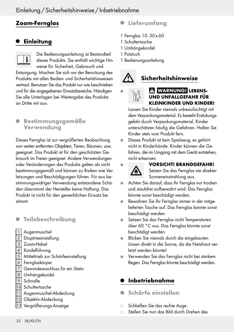 Einleitung / sicherheitshinweise / inbetriebnahme, Zoom-fernglas, Einleitung | Bestimmungsgemäße verwendung, Teilebeschreibung, Lieferumfang, Sicherheitshinweise, Inbetriebnahme, Schärfe einstellen | Auriol Z30373 User Manual | Page 22 / 25