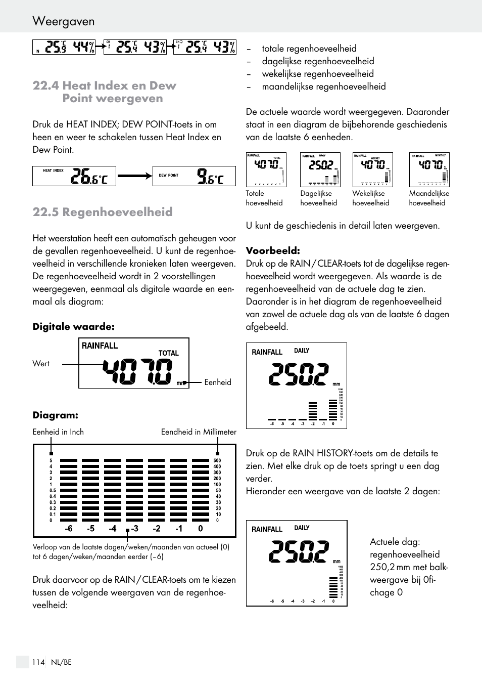 Weergaven, 4 heat index en dew point weergeven, 5 regenhoeveelheid | Auriol H13726 User Manual | Page 114 / 138