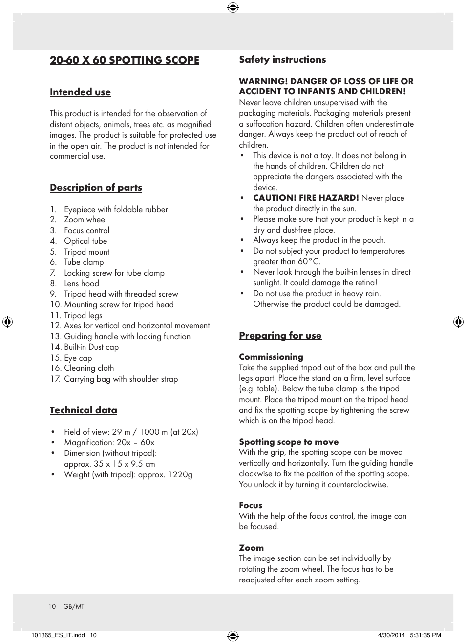 60 x 60 spotting scope | Auriol Z31261 User Manual | Page 10 / 14