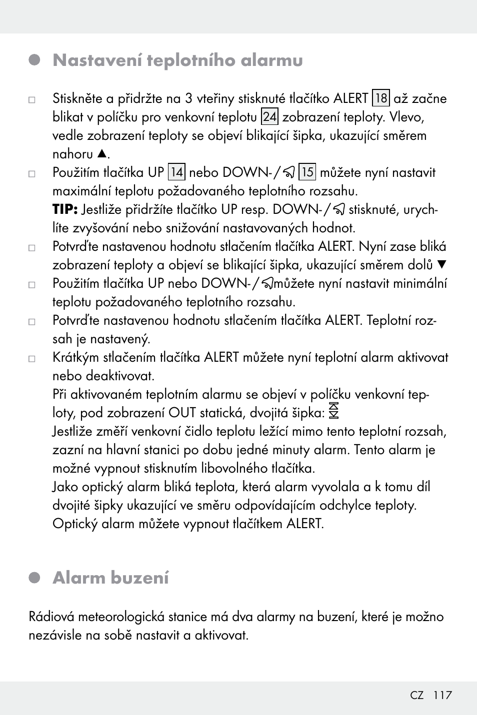 Nastavení teplotního alarmu, Alarm buzení | Auriol Z32171 User Manual | Page 117 / 146