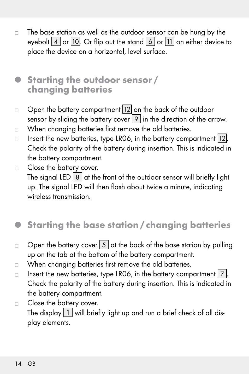 Starting the outdoor sensor / changing batteries, Starting the base station / changing batteries | Auriol Z32171 User Manual | Page 14 / 146