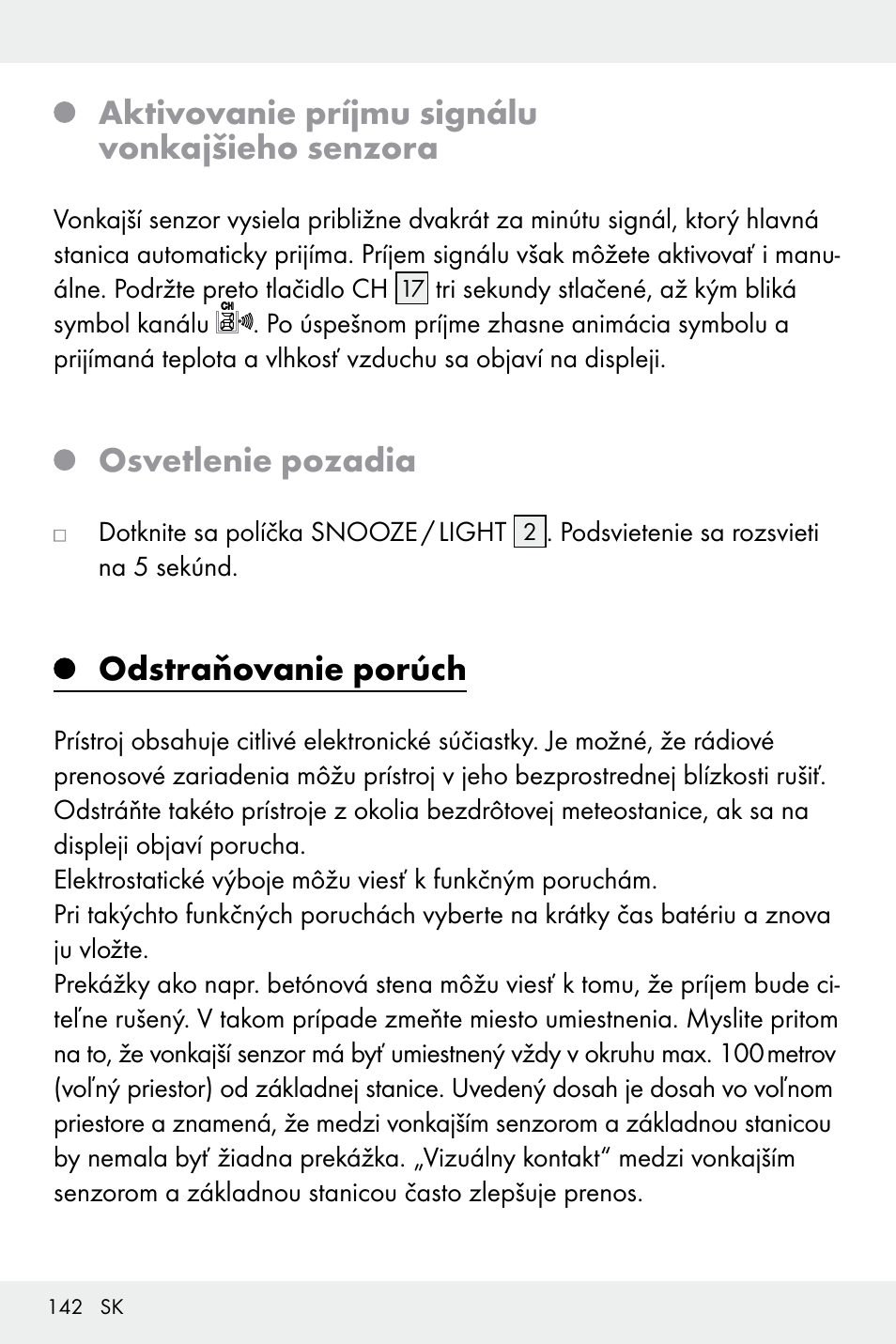 Aktivovanie príjmu signálu vonkajšieho senzora, Osvetlenie pozadia, Odstraňovanie porúch | Auriol Z32171 User Manual | Page 142 / 146