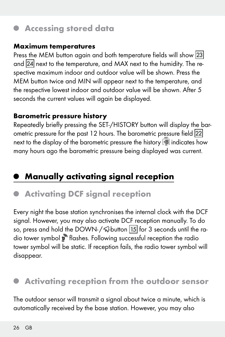 Accessing stored data, Activating reception from the outdoor sensor | Auriol Z32171 User Manual | Page 26 / 146