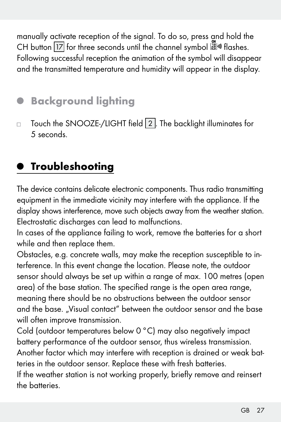 Background lighting, Troubleshooting | Auriol Z32171 User Manual | Page 27 / 146