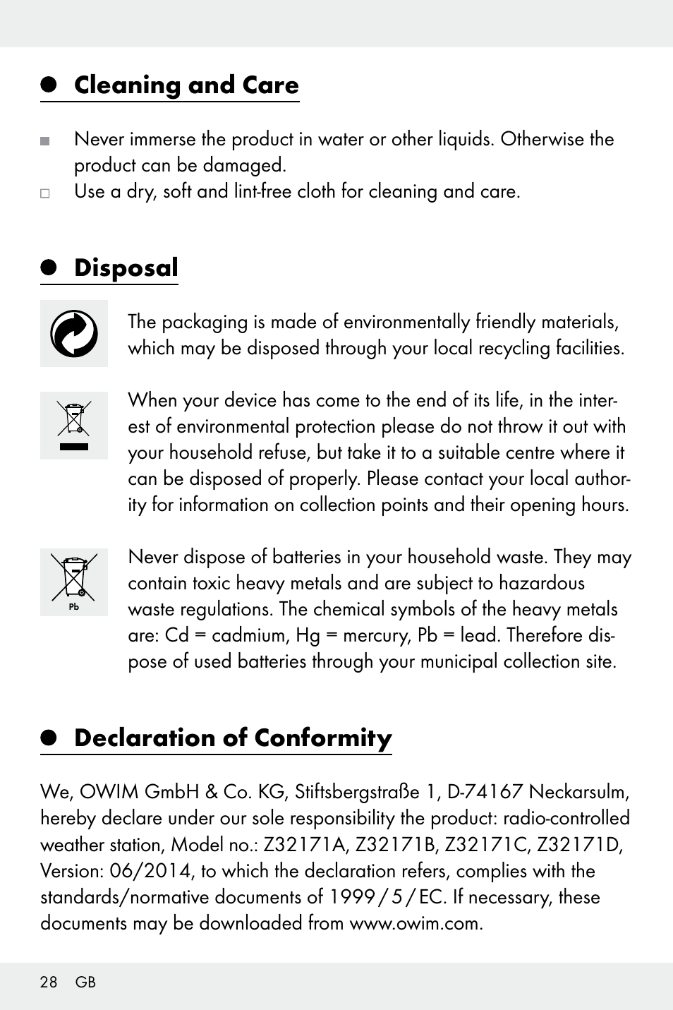 Cleaning and care, Disposal, Declaration of conformity | Auriol Z32171 User Manual | Page 28 / 146