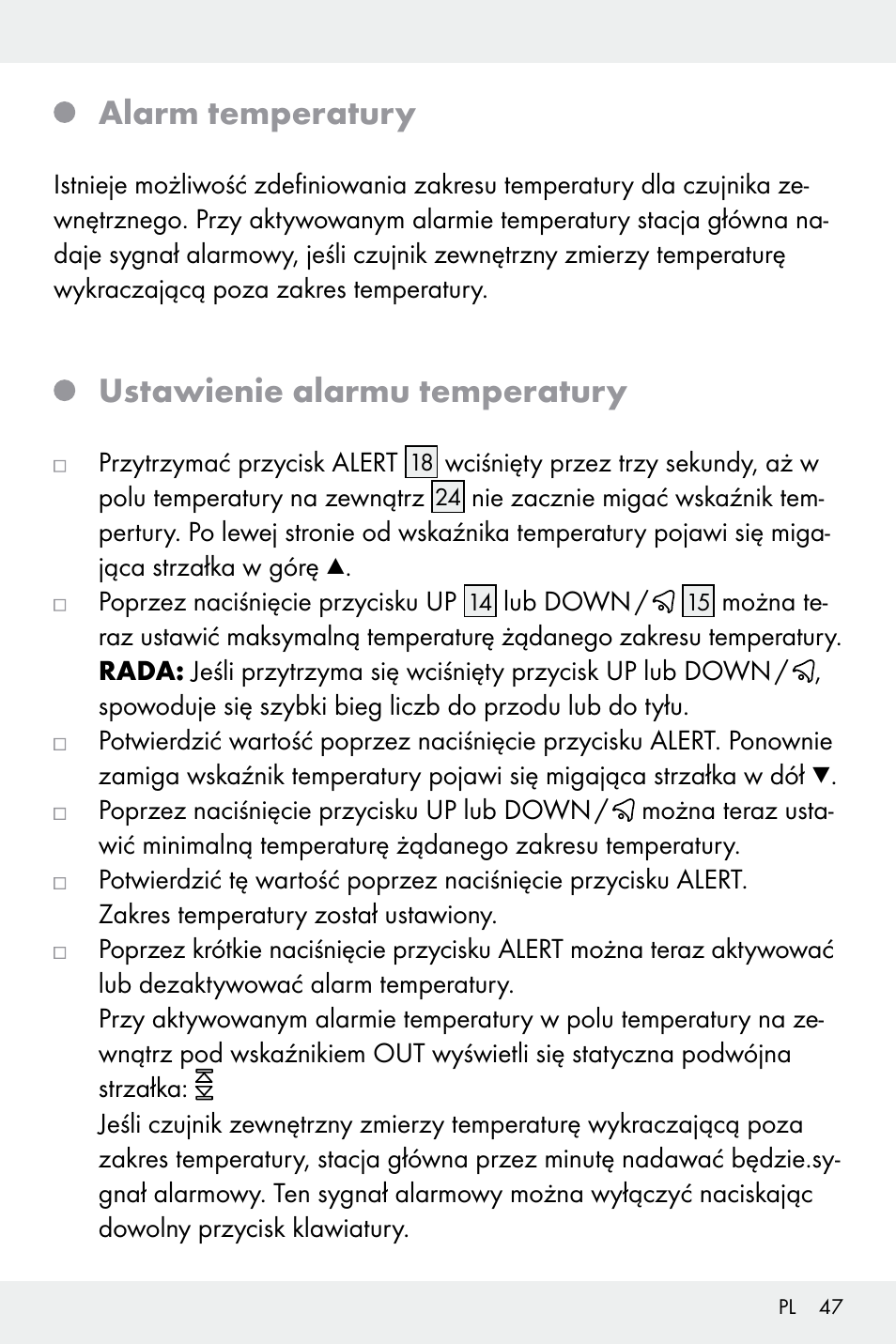 Alarm temperatury, Ustawienie alarmu temperatury | Auriol Z32171 User Manual | Page 47 / 146