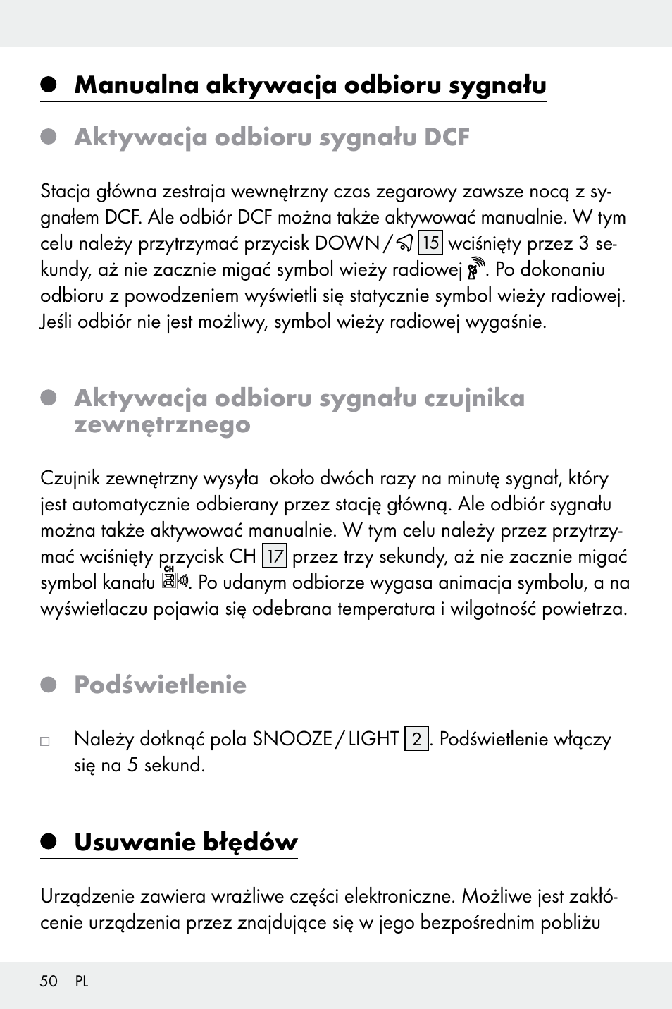 Aktywacja odbioru sygnału czujnika zewnętrznego, Podświetlenie, Usuwanie błędów | Auriol Z32171 User Manual | Page 50 / 146