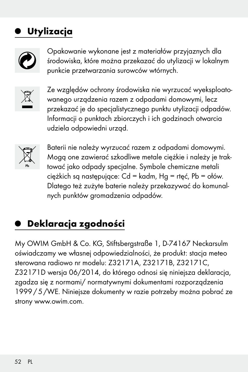 Utylizacja, Deklaracja zgodności | Auriol Z32171 User Manual | Page 52 / 146