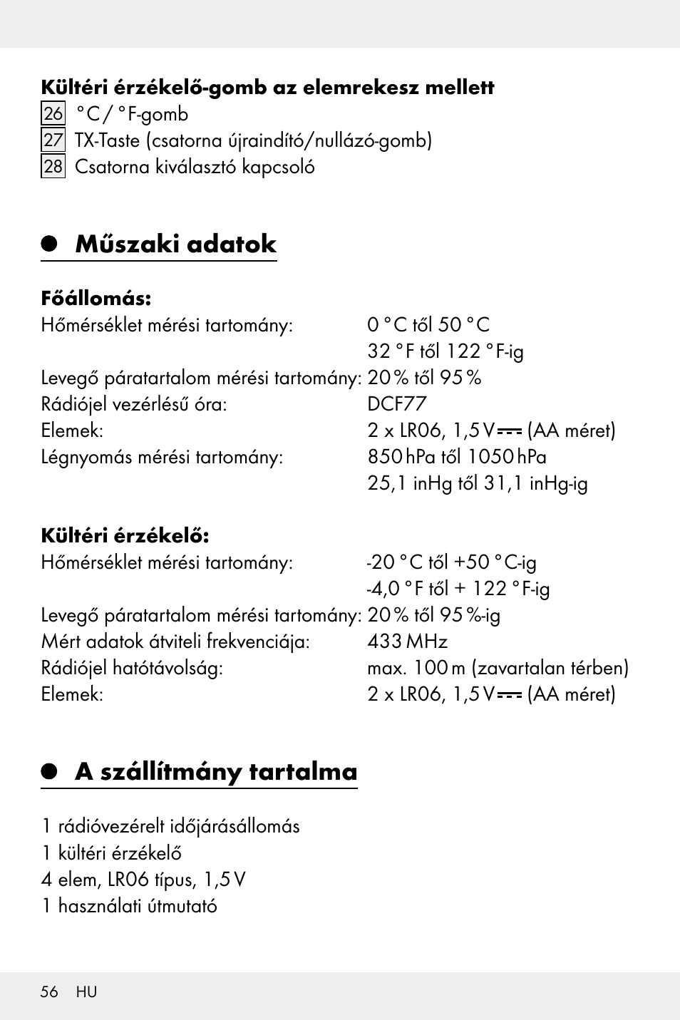 Műszaki adatok, A szállítmány tartalma | Auriol Z32171 User Manual | Page 56 / 146