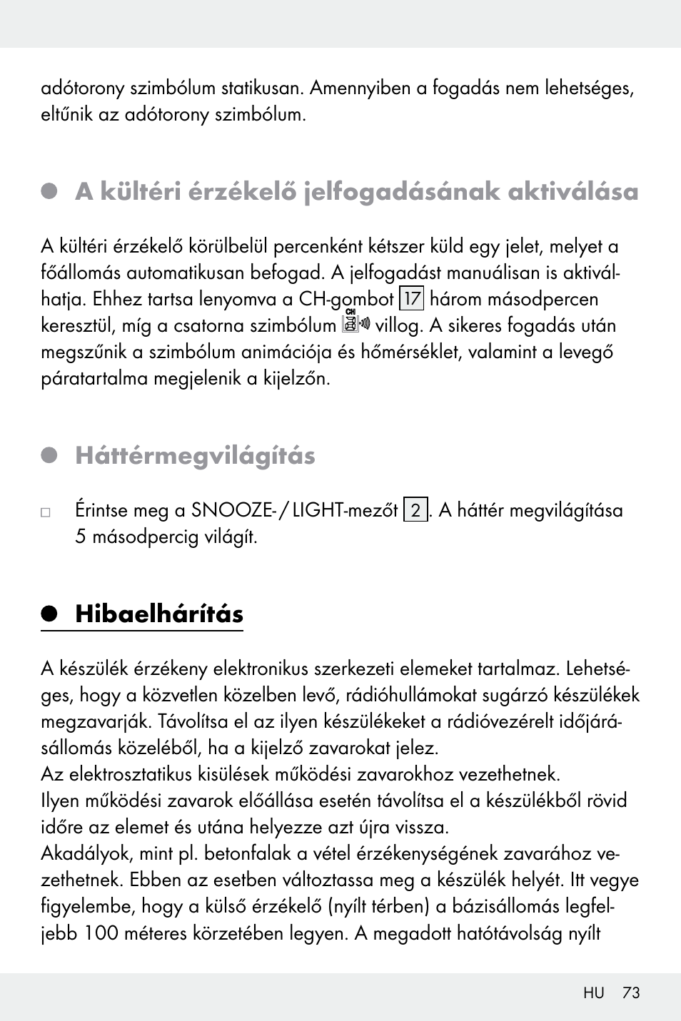 A kültéri érzékelő jelfogadásának aktiválása, Háttérmegvilágítás, Hibaelhárítás | Auriol Z32171 User Manual | Page 73 / 146