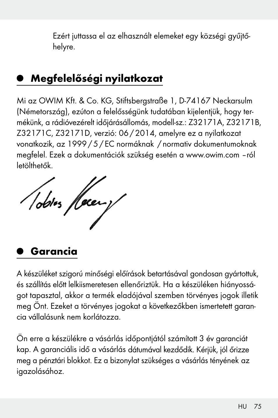 Megfelelőségi nyilatkozat, Garancia | Auriol Z32171 User Manual | Page 75 / 146