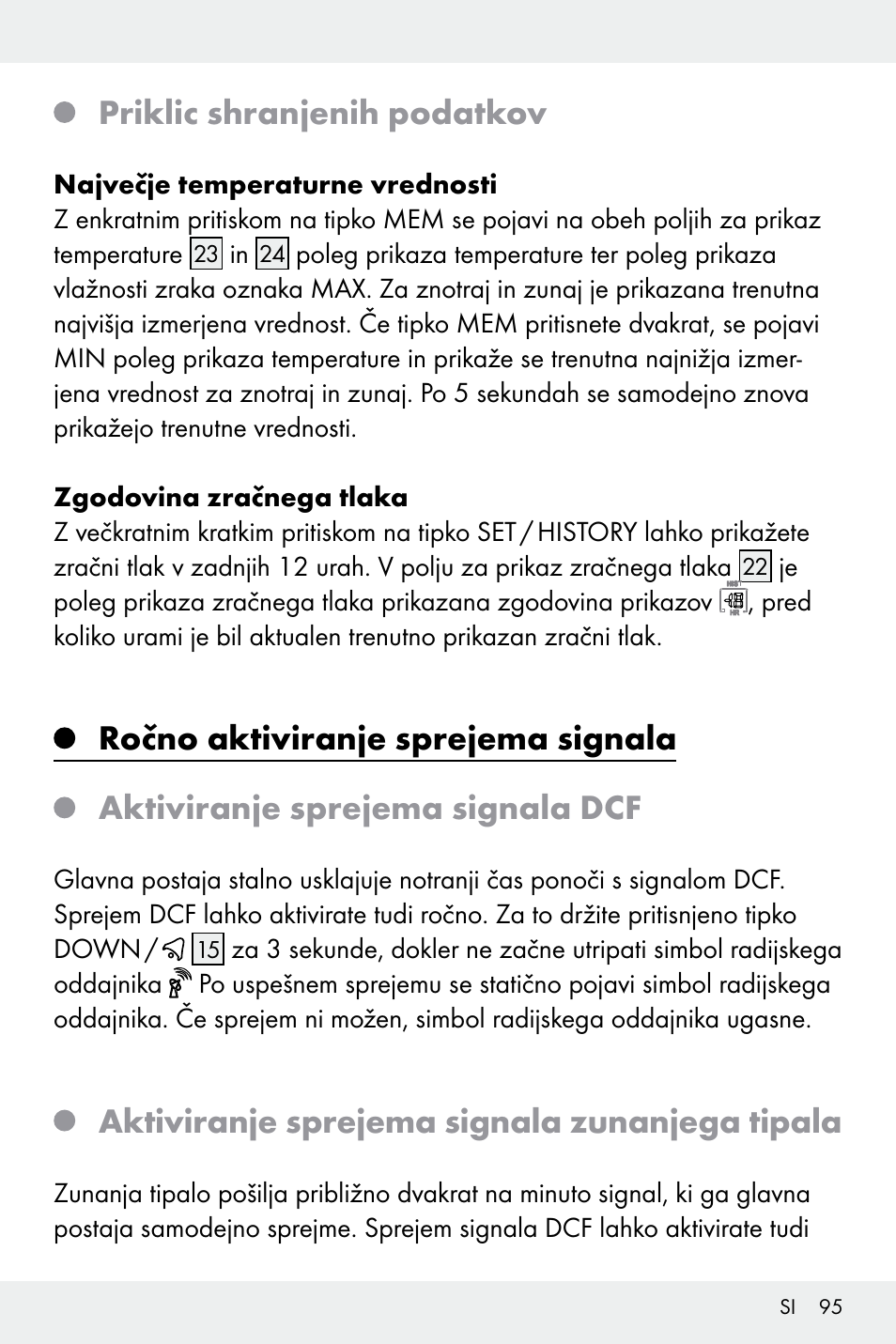 Priklic shranjenih podatkov, Aktiviranje sprejema signala zunanjega tipala | Auriol Z32171 User Manual | Page 95 / 146