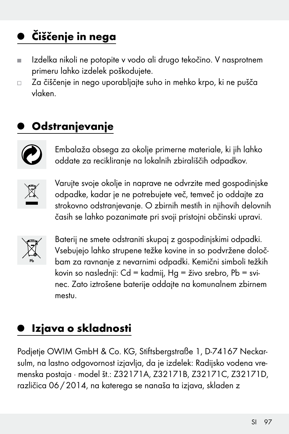 Čiščenje in nega, Odstranjevanje, Izjava o skladnosti | Auriol Z32171 User Manual | Page 97 / 146