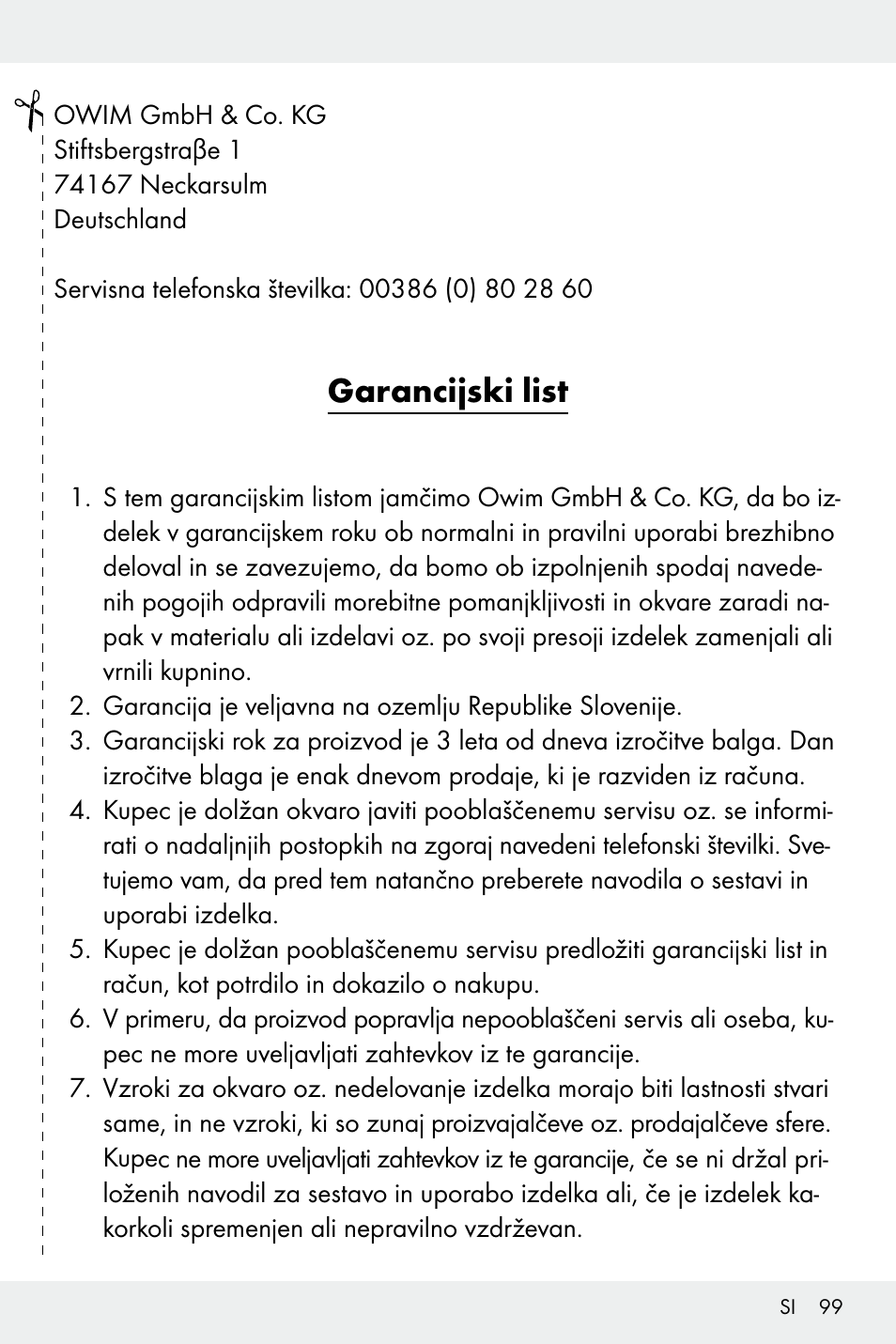 Garancijski list | Auriol Z32171 User Manual | Page 99 / 146