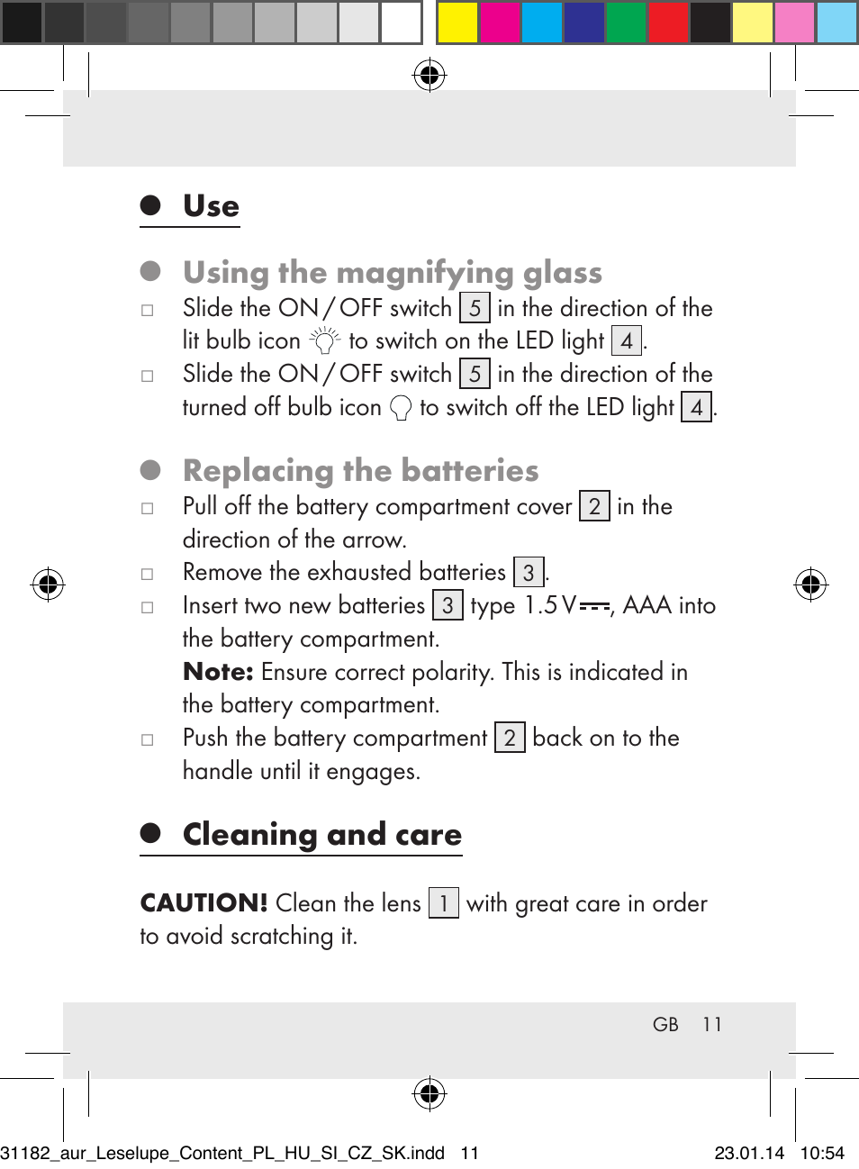 Using the magnifying glass, Replacing the batteries, Cleaning and care | Auriol Z29652A User Manual | Page 11 / 82