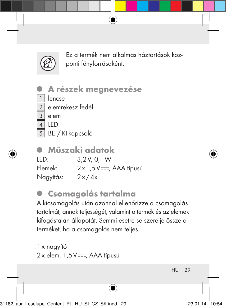 A részek megnevezése, Műszaki adatok, Csomagolás tartalma | Auriol Z29652A User Manual | Page 29 / 82