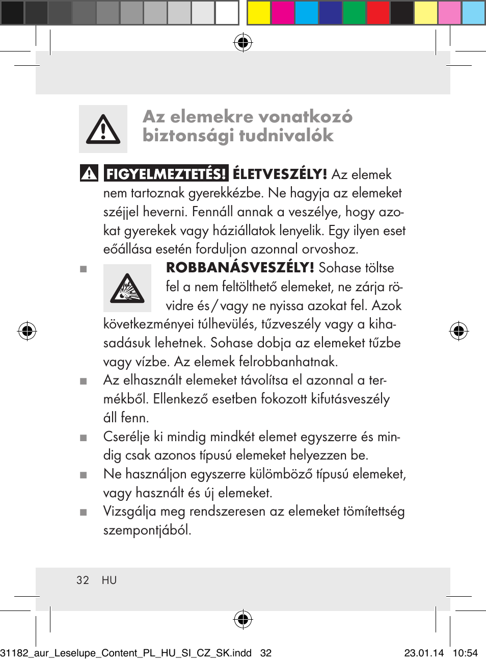 Az elemekre vonatkozó biztonsági tudnivalók | Auriol Z29652A User Manual | Page 32 / 82