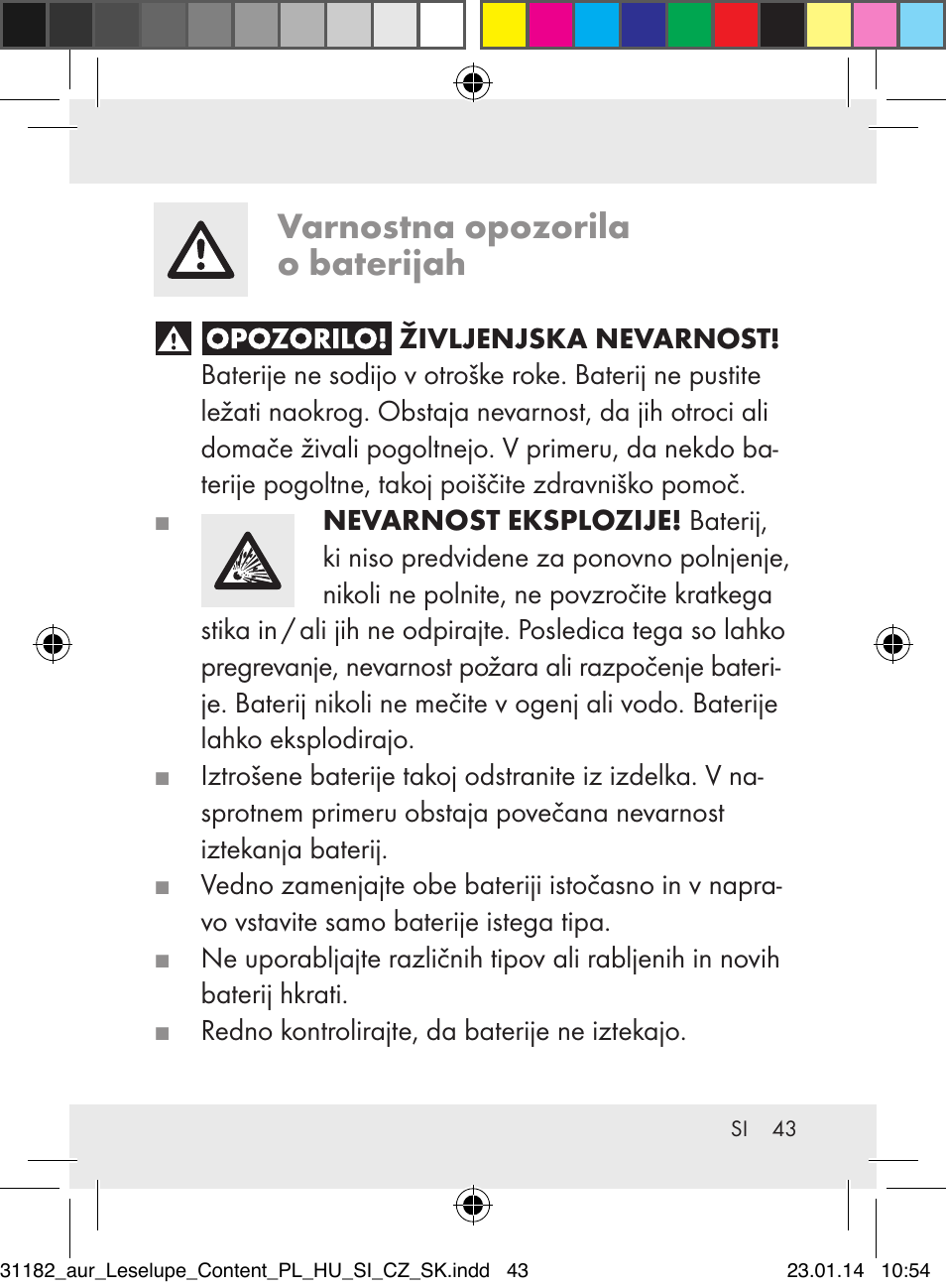 Varnostna opozorila o baterijah | Auriol Z29652A User Manual | Page 43 / 82