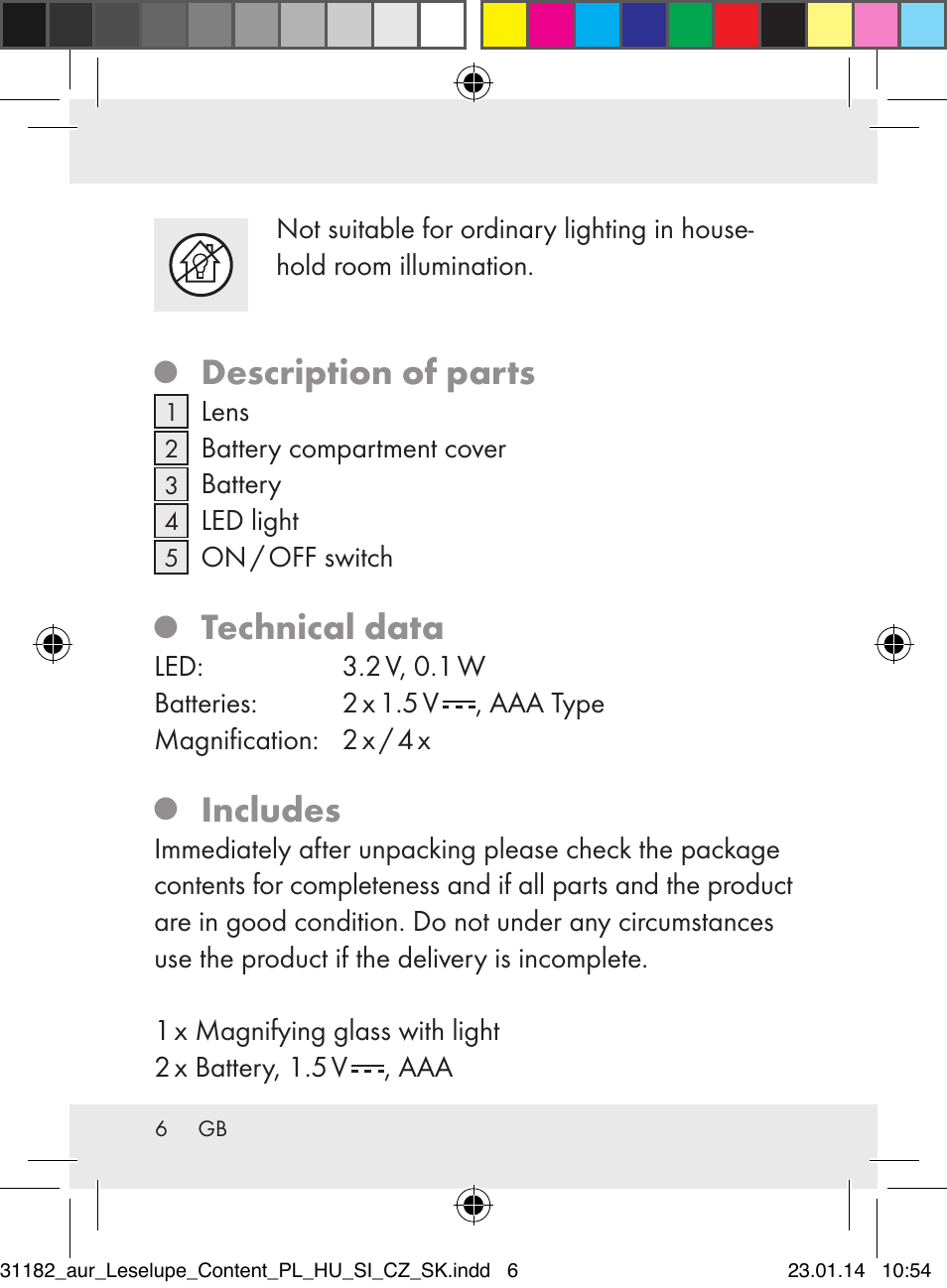 Description of parts, Technical data, Includes | Auriol Z29652A User Manual | Page 6 / 82