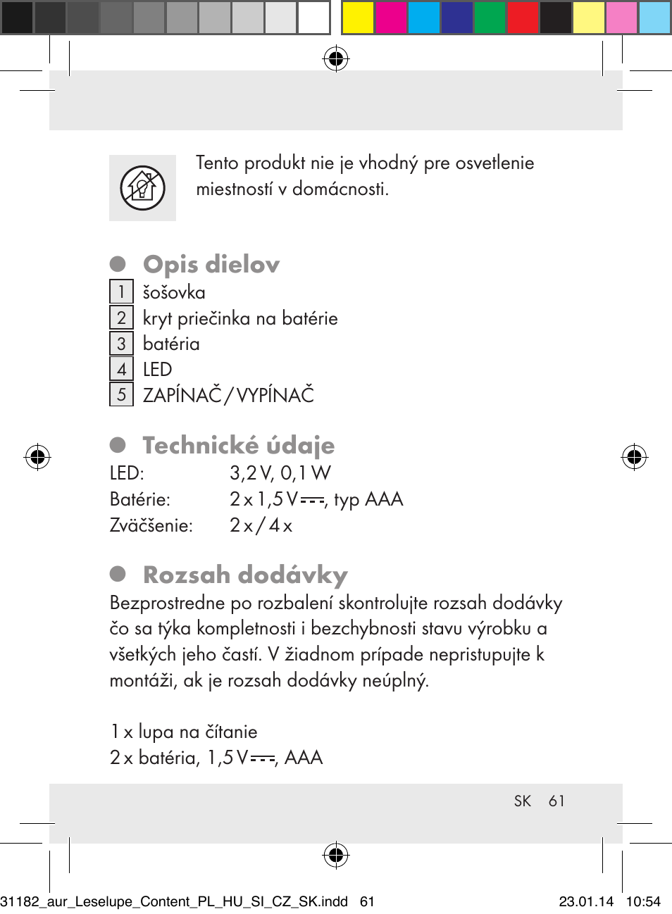 Opis dielov, Technické údaje, Rozsah dodávky | Auriol Z29652A User Manual | Page 61 / 82