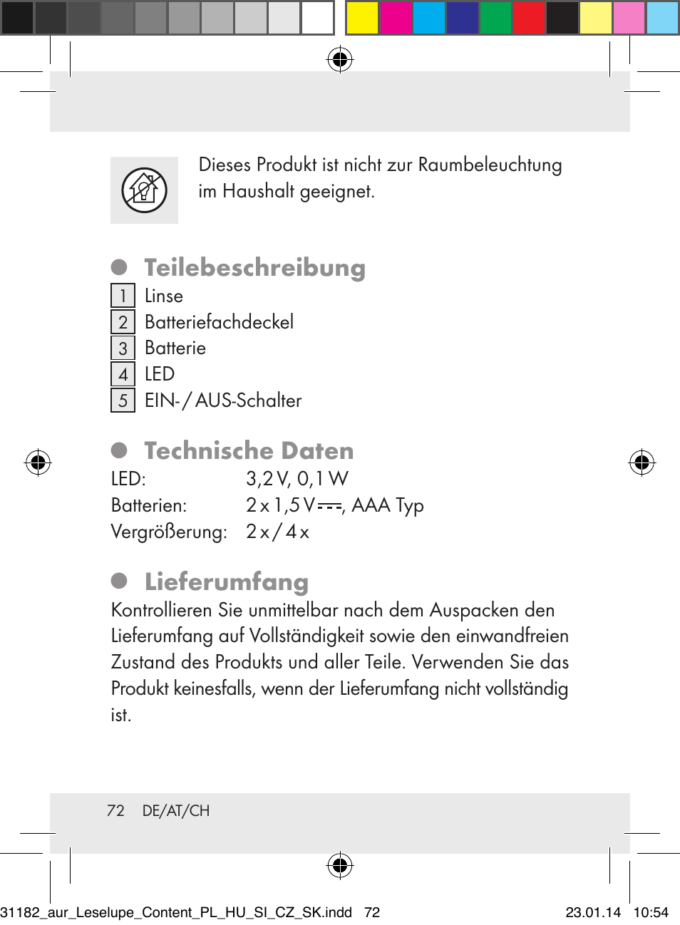 Teilebeschreibung, Technische daten, Lieferumfang | Auriol Z29652A User Manual | Page 72 / 82