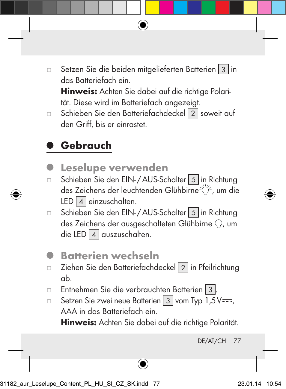Gebrauch, Leselupe verwenden, Batterien wechseln | Auriol Z29652A User Manual | Page 77 / 82