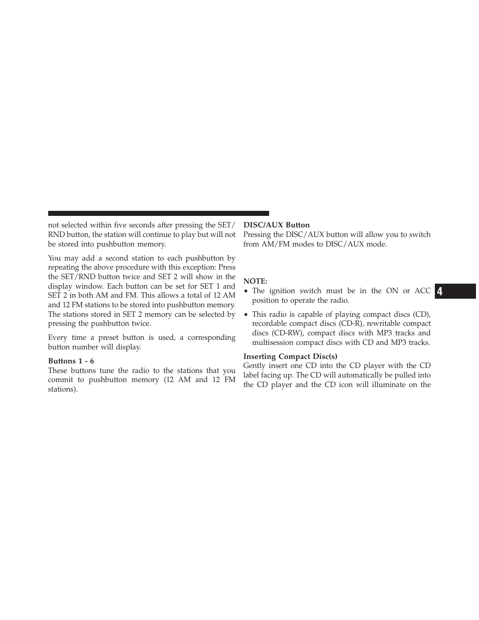 Operation instructions — cd mode for cd, And mp3 audio play | Dodge 2010 Challenger User Manual | Page 208 / 469