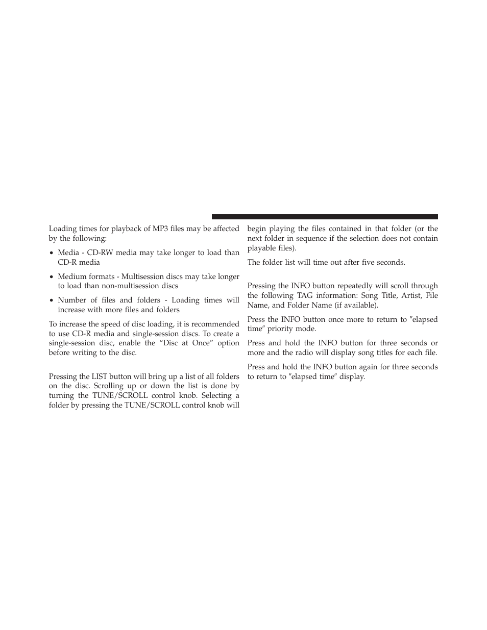 List button (cd mode for mp3 play), Info button (cd mode for mp3 play) | Dodge 2010 Challenger User Manual | Page 213 / 469