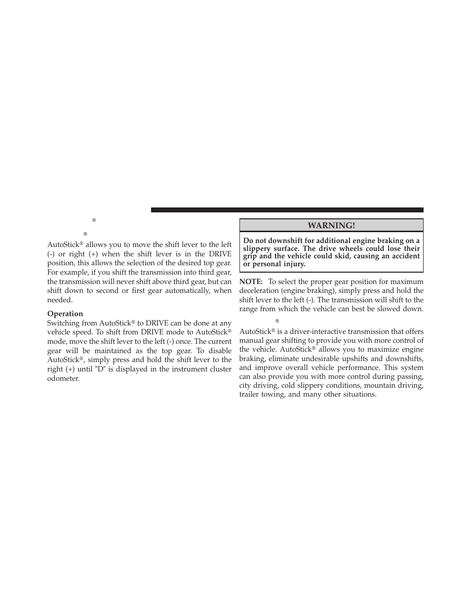 Autostick — if equipped, Autostick — 3.5l engine, Autostick — 5.7l engine | Autostick௡ — if equipped, Autostick௡ — 3.5l engine, Autostick௡ — 5.7l engine | Dodge 2010 Challenger User Manual | Page 261 / 469