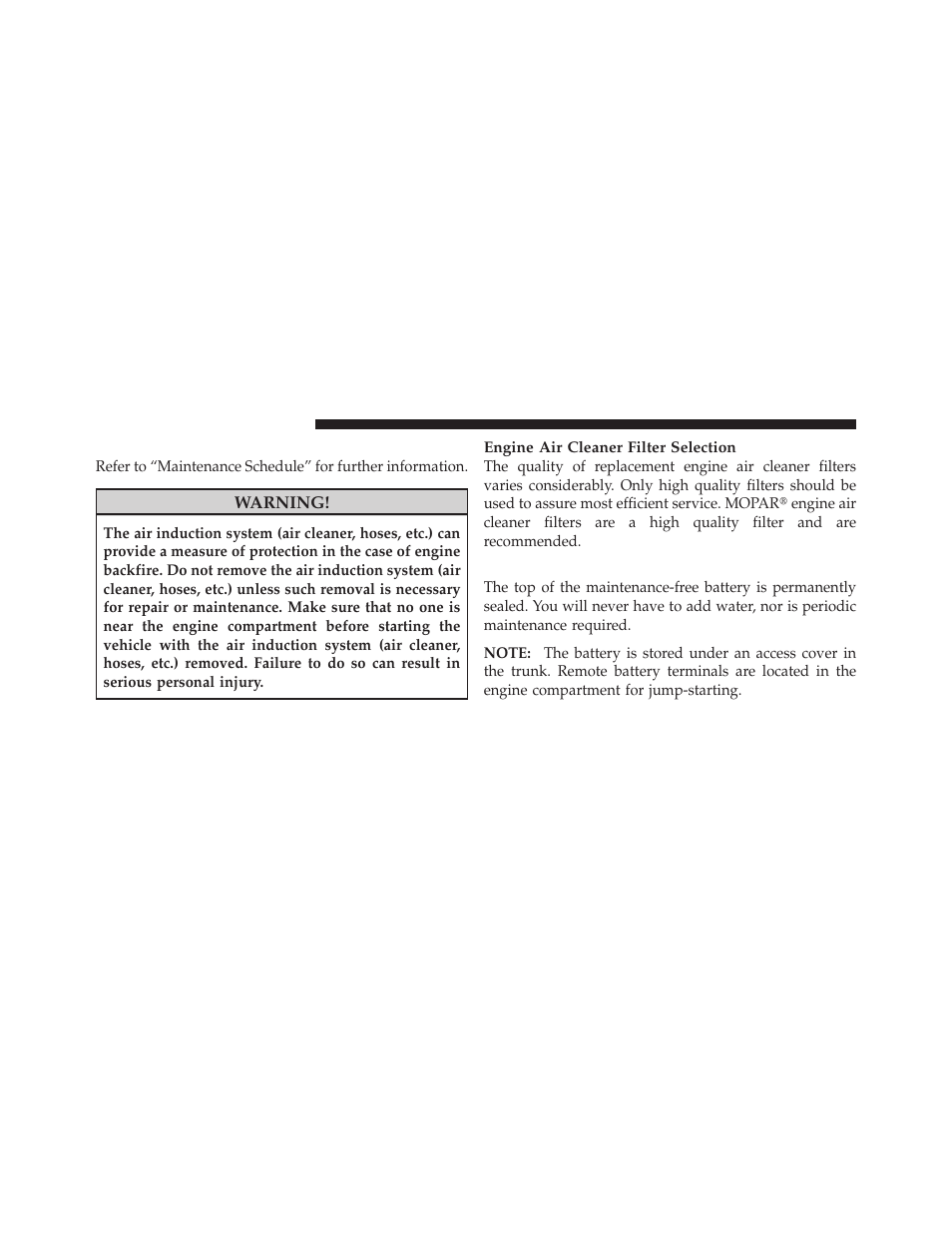 Engine air cleaner filter, Maintenance-free battery | Dodge 2010 Challenger User Manual | Page 379 / 469