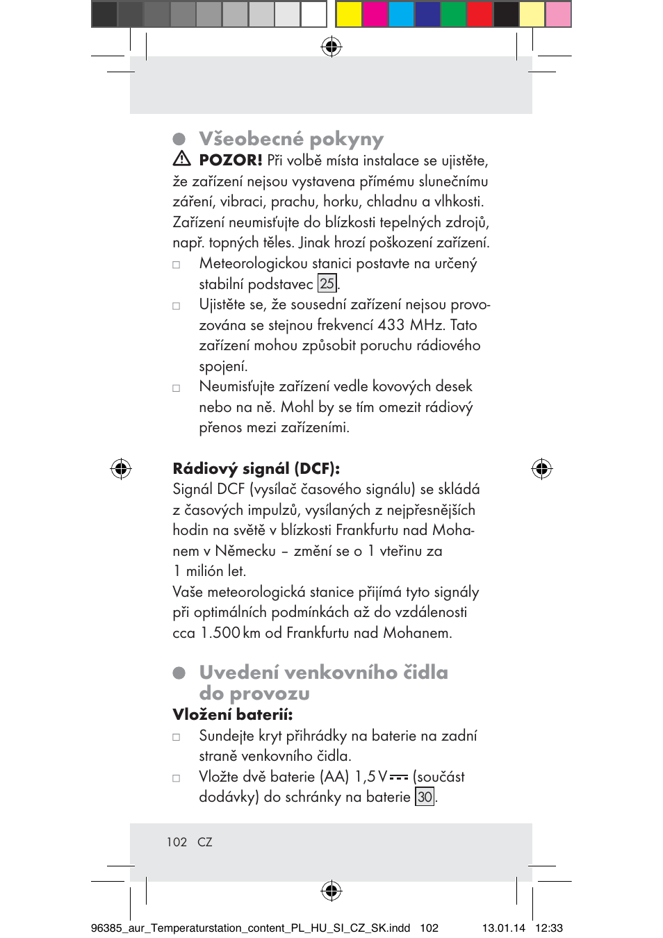 Všeobecné pokyny, Uvedení venkovního čidla do provozu | Auriol Z31743A_B User Manual | Page 102 / 159