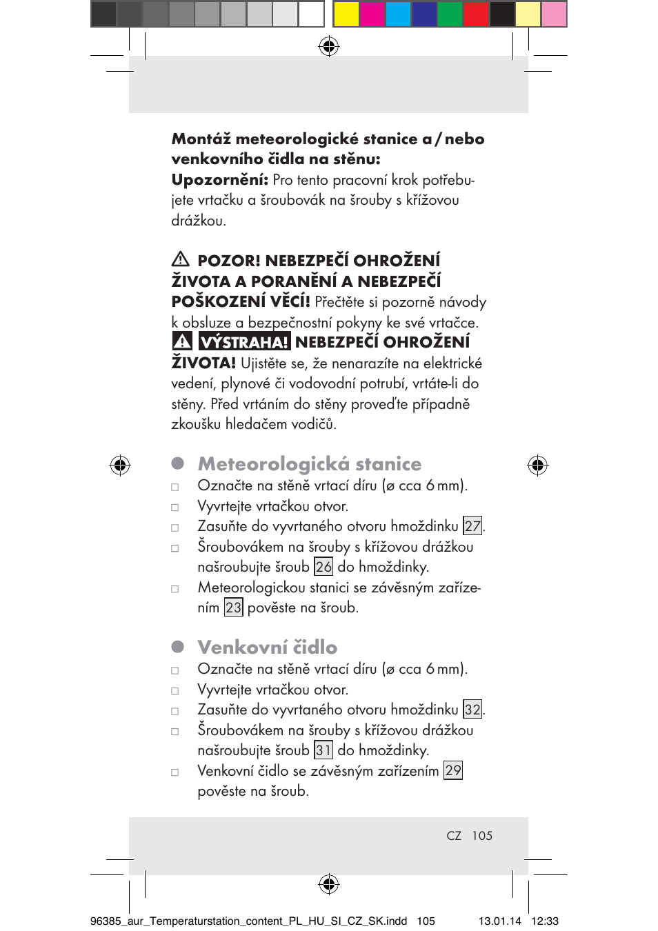 Meteorologická stanice, Venkovní čidlo | Auriol Z31743A_B User Manual | Page 105 / 159