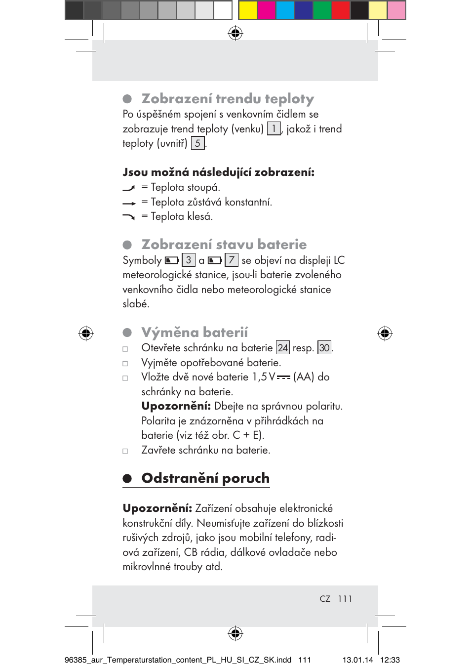 Zobrazení trendu teploty, Zobrazení stavu baterie, Výměna baterií | Odstranění poruch | Auriol Z31743A_B User Manual | Page 111 / 159