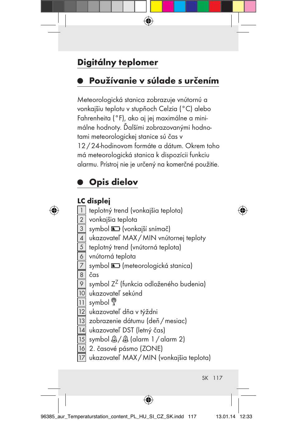 Digitálny teplomer používanie v súlade s určením, Opis dielov | Auriol Z31743A_B User Manual | Page 117 / 159