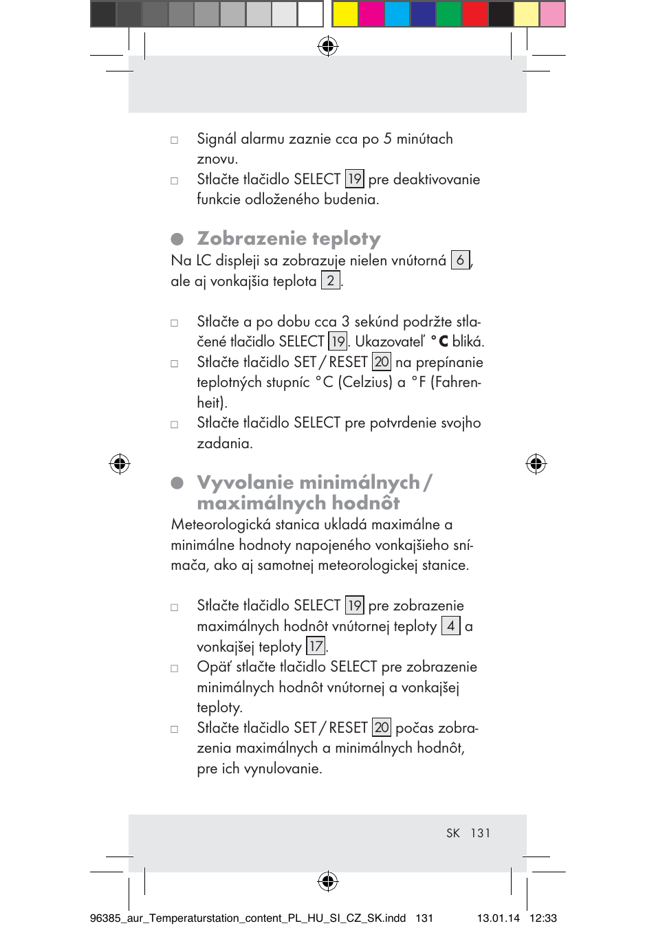 Zobrazenie teploty, Vyvolanie minimálnych / maximálnych hodnôt | Auriol Z31743A_B User Manual | Page 131 / 159