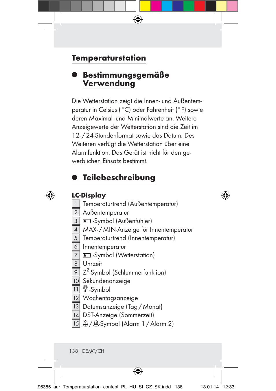 Temperaturstation bestimmungsgemäße verwendung, Teilebeschreibung | Auriol Z31743A_B User Manual | Page 138 / 159